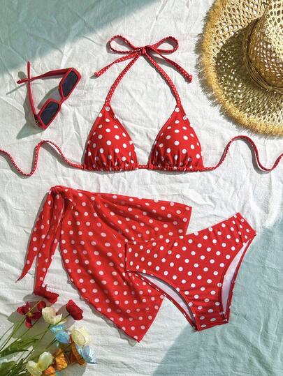 Swim Mod 女士波尔卡圆点印花露背系带性感比基尼三件套，适合夏季海滩度假