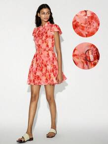 Lumivelle Women's New Summer Layered Ruched Print Mini Halter Neck Dress - Yellow - View 1