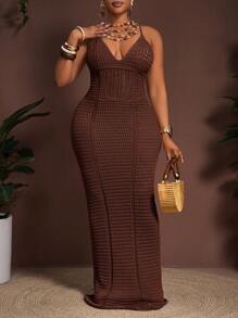 Slaydiva 2025 Spring/Summer New Bohemian Vacation Casual Party Khaki Knitted Waist Hollow Sheer Slip Dress, Plus Size Women Brown Bodycon Maxi Dress Knit Maxi Dress Crochet Maxi Dress Brown Crochet Maxi Dress Brown Knit Maxi Dress Winter Fall Autumn - Brown - View 7