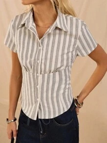 SHEIN Forever 21 春夏女士浪漫/舞会/正式/生日/90 年代/商务休闲女士/优雅/西部装/外出/时尚/休闲/Y2K/俱乐部/办公室/鸡尾酒会/复古/紧身/狂欢节/有趣/优雅/老钱/街头服饰/度假/乡村音乐会/工作/端庄/春假/单身女郎/音乐会/坏人/基本款/毕业/A 字裙/20 世纪 60 年代/短袖/衬衫 - 白色 - 查看 5
