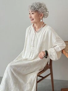 FRIFUL Women's Beige Drop Shoulder Long Sleeve Embroidered Dress Maxi Dress - Beige - View 7