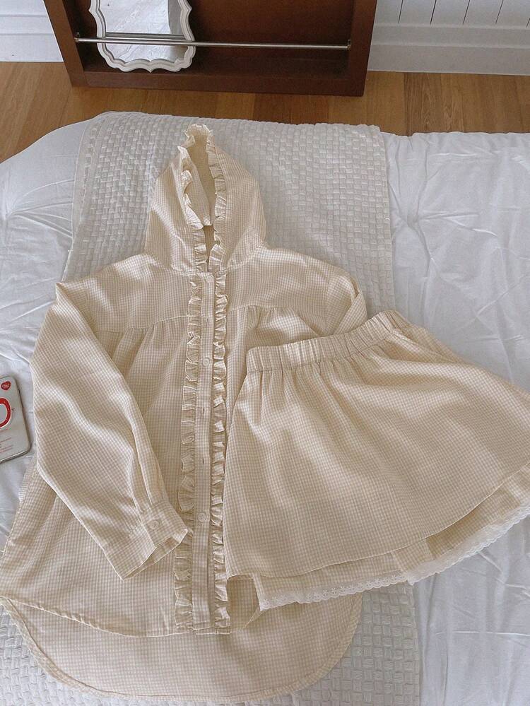 Women's Summer Hooded Frill Trim Loose Shorts 2 Pieces Set