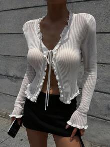 DAZY Cardigan casual da donna con volant e laccio frontale in colore unito