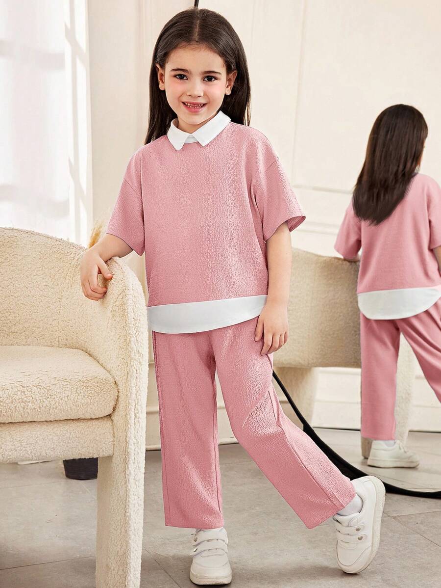 SHEIN Young Girl Casual Elegant Commuter Loose Shirt Collar Oversized Drop Shoulder Short Sleeve Woven Textured Color Block Shirt Top And Straight Leg Pants Set Pajama Sets Loungewear Two Pieces Outfit Girls Pink Outfit Young Girl Clothes - Pink - View 1