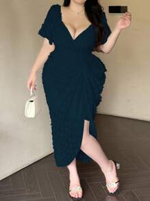 Vibekara 复古法式泡泡袖波尔卡圆点纹理女式派对连衣裙 - 藏蓝色 - 查看 3