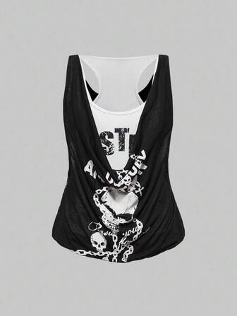 Grunge Punk Débardeur à volants superposés avec imprimé crâne, style Y2K Harajuku Goth Punk, avec dos croisé