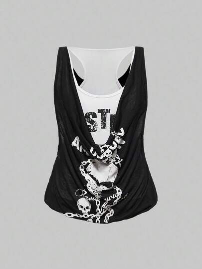 Grunge Punk Débardeur à volants superposés avec imprimé crâne, style Y2K Harajuku Goth Punk, avec dos croisé