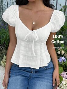 MainGRL 夏季休闲度假风白色短袖衬衫，带纹理泡泡袖，白色棉质上衣，系带前襟上衣，棉质衬衫 - 白色 - 查看 5