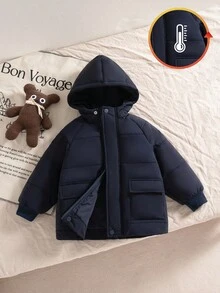 1 件年轻男孩冬季新款 2025 海军蓝插肩袖连帽前拉链口袋开衫夹克，时尚酷炫冬季外套 - 寶藍色 - 查看 4