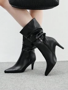 CUCCOO BIZCHIC Women's Pointed Toe Stiletto Heel Black Fashion Slip-On With Side Zipper PU Leather Daily Commute Versatile Pleated Mid-Calf Boots For Christmas - Black - View 4