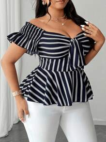 SHEIN CURVE+ Elegancka bluzka do pracy w dużym rozmiarze z kokardą i paskiem - Granatowy - Zobacz 7