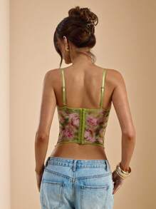 SHEIN BAE Spring/Summer Solid Green & Pink Flower Printed Sheer Lace Cami Bralette, Elegant Bralette, Beach Holiday Bralette, Sexy Elegant Cami Top, Women Cami Bra Top - Green - View 2