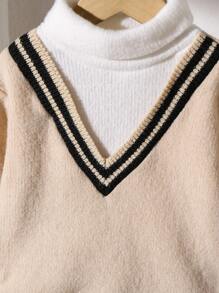 SHEIN Infant Boys V-Neck 2 In 1 Knit Sweater, Turtleneck Pullover Knitwear For Autumn/Winter Fall
