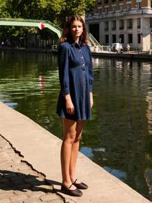 lacRébo Blue Denim Button Front Long Sleeve Mini Dress Going Out Dress Office Outfits Autumn Dress Winter Dress - Dark Wash - View 4