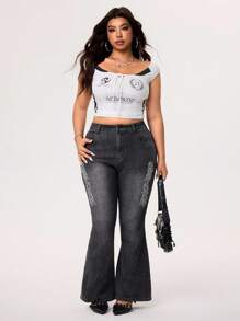 SHEIN EZwear 大码女式街头风格复古侧绣花弹力黑色喇叭牛仔裤 - 黑色 - 查看 7
