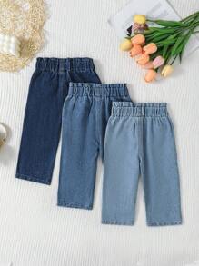 SHEIN Vintaside Kids 女婴深蓝、中蓝、浅蓝牛仔弹力紧身裤三件套，春夏休闲度假乡村波西米亚风三件套，女婴休闲可爱水洗蓝色直筒牛仔裤，纯色牛仔裤，柔软弹力贴合，休闲风格，三种水洗颜色可选，长款牛仔裤，多色可选，舒适时尚，适合日常秋冬穿着。 - 彩色 - 查看 3
