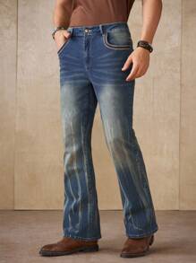 Manfinity Homme Vintage Washed Blue Denim Jeans With Embroidery, Casual American Style, Suitable For All Seasons - Blue - View 2
