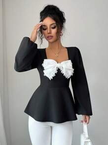 Elenzga Bluză elegantă, în linie A, cu croială slim fit, alb-negru, cu guler cu volane, cu mâneci lungi și bufante, cu perle negre, stil francez - Negru - Vizualizare 4