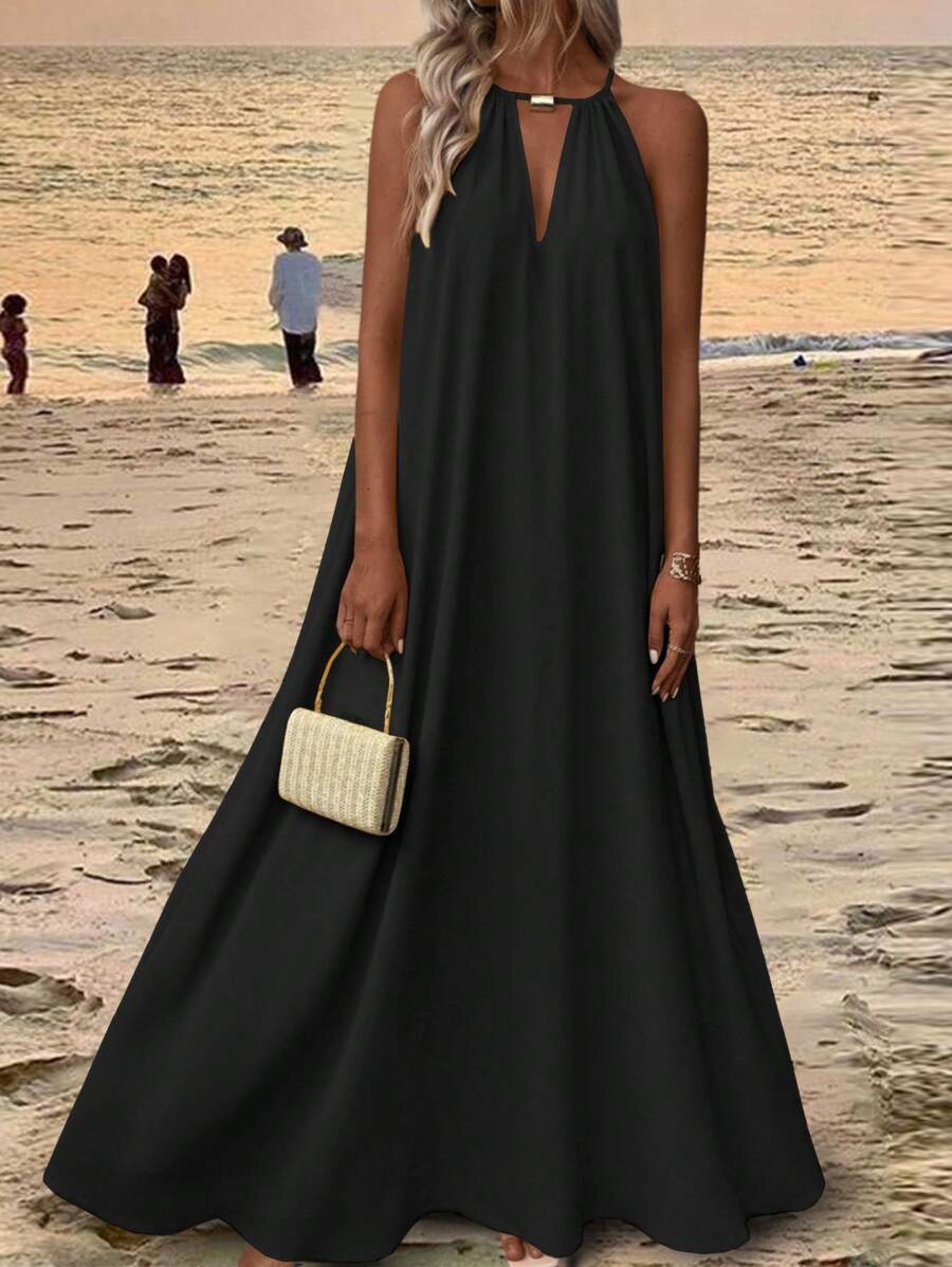 Hotletica Vestido largo de mujer de uso diario de unicolor, cuello halter acampanado, vestido maxi para vacaciones y playa - Negro - Ver 1