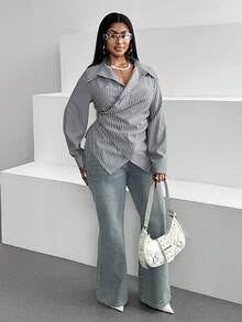 Maweii 大码休闲通勤条纹裹身衬衫 - 灰色 - 查看 3