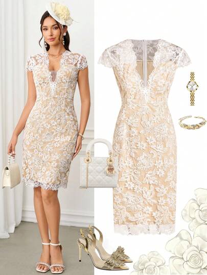 Ellevyn Women's Elegant V-Neck Short Sleeve Fitted Embroidered Mesh Mini Dress, Flattering Silhouette, Suitable For Daily, Commute, Afternoon Tea, Party And Various Occasions, Autumn Dresses For Wedding Guest  Office Outfits For Women Lace Dresses For Women Gold And White Dress