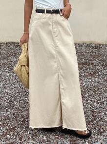 Livesso Women's Solid Color Front Slit Denim Mini Skirt Jeans Skirt