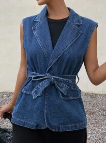 DAZY 女式V领系腰无袖牛仔衬衫 - 藍色 - 查看 4