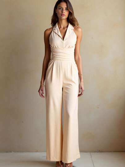 MIRENZI Mono casual de mezcla de lino de cuello de halter con plisado en la cintura, espalda descubierta y piernas anchas hasta el suelo