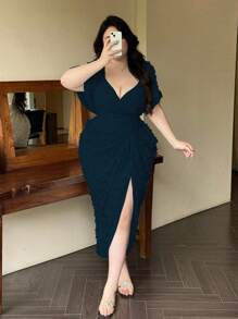 Vibekara 复古法式泡泡袖波尔卡圆点纹理女式派对连衣裙 - 藏蓝色 - 查看 4