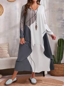 EMERY ROSE Đầm 2 trong 1 phối màu tương phản dáng rộng, cỡ lớn, thích hợp cho mùa thu. - Nhiều màu - Xem 5