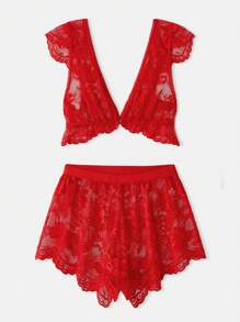 lacRébo Ensemble de vêtements de nuit coordonnés en dentelle rouge avec un Top court à manches courtes et un short à ourlet festonné. Vêtements de nuit sexy pour l'automne et l'hiver - Noir - Voir 8