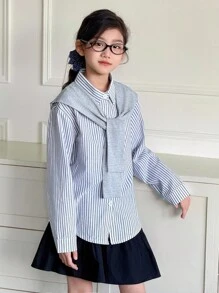 SHEIN Genkimix Kids Niña preadolescente con chal gris a juego con blusa a rayas bordada de manga larga, otoño/invierno - Gris - Ver 3