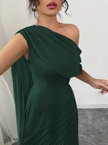 Rafferiza 女士优雅雪纺垂褶单肩连衣裙，春夏大学校园连衣裙 - 墨綠色 - 查看 4