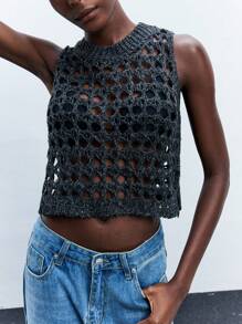 Maija 女士纯色圆领侧开衩短款镂空透视针织上衣，度假风格休闲商务装，露肩 - 深灰色 - 查看 5