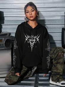 Attitoon Áo hoodie in họa tiết đồ họa tối giản, phong cách Punk Street cổ điển, rộng rãi, cỡ lớn dành cho nữ, mùa thu/đông - màu đen - Xem 6