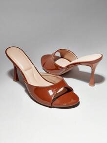 SHUZIA Women's Round Peep Toe Patent High Heel Slides Sandals - Camel - View 5