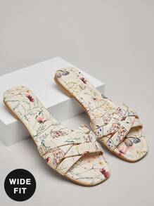 SHUZIA Women's Wide-Fit Fashion Casual Comfy Floral Print Slip-On Flat Sandals