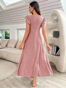 女式针织提花休闲 V 领盖袖宽松三叶草图案连衣裙、家居服 - 紅色 - 查看 2