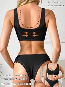SHEIN 2pcs Women Solid Color Arched Front Closure Bra Set - Black - View 2