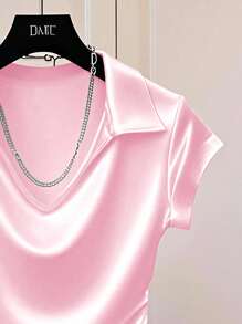 Franclia 女士休闲纯色缎面亮面T恤衫，适合大学穿着 - 粉色 - 查看 4