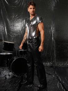 FeverCity 男士宽松时尚性感金属感V领短袖T恤