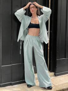 Chiquease 2 pièces Ensemble pour femme : Top à ceinture large et pantalon à jambes larges à taille élastique - Vert - Voir 5