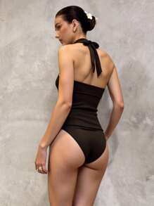 Bonvoyette Women's Summer Beach Halter Tankini Set, Halter Neck Bathing Suit - Brown - View 2