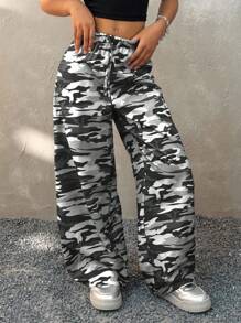 Coolane Pantalon droit ample à jambes droites avec imprimé graphique camouflage, streetwear pour préadolescentes au printemps/été