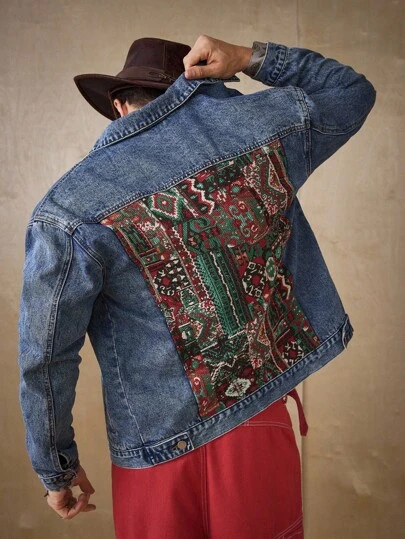RivetRise Men's Casual Fashion Street Cowboy Style Patchwork Pattern Loose Fit Denim Jacket, Spring/Autumn