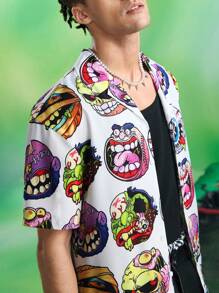 MADBALLS X SHEIN Men's Casual Cartoon Print Button Front Short Sleeve Shirt, Summer - White - View 1