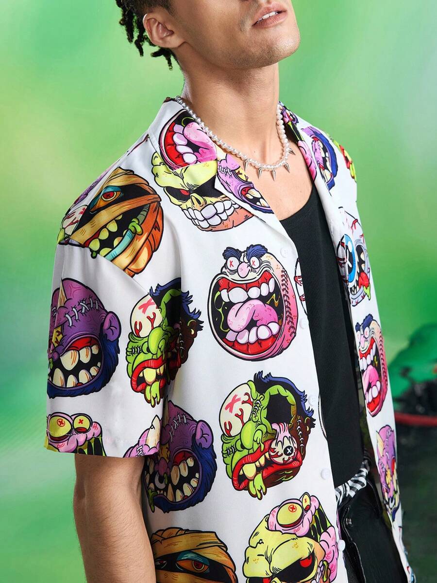 MADBALLS X SHEIN Men's Casual Cartoon Print Button Front Short Sleeve Shirt, Summer - White - View 1