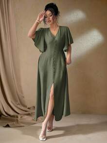 Elenzga Plus Size Women Summer Elegant Brown Tea Party Gym Vacation Wedding Guest Maxi Dress French Bohemian V-Neck Button Front A-Line Split Flared Sleeve - Army Green - View 5