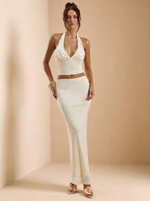 SHEIN BAE 2 件套女式夏季杏色露背前系带亮片紧身胸衣上衣和高腰裙套装，优雅度假俱乐部场合可爱性感浪漫 - 杏色 - 查看 3