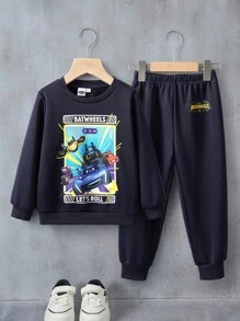 Batwheels X SHEIN 2 pièces/Set Sweat-shirt col rond motif de dessin animé pour jeune garçon et pantalon de survêtement à taille élastique - Bleu marine - Voir 1